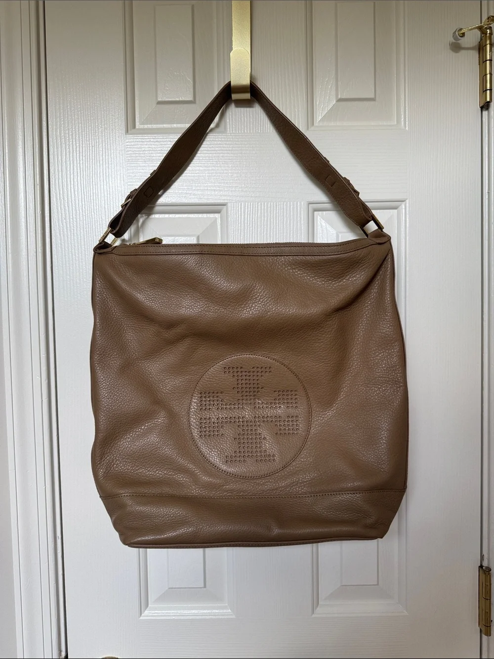 Tory Burch Tan Perforated Logo Leather Shoulder Bag